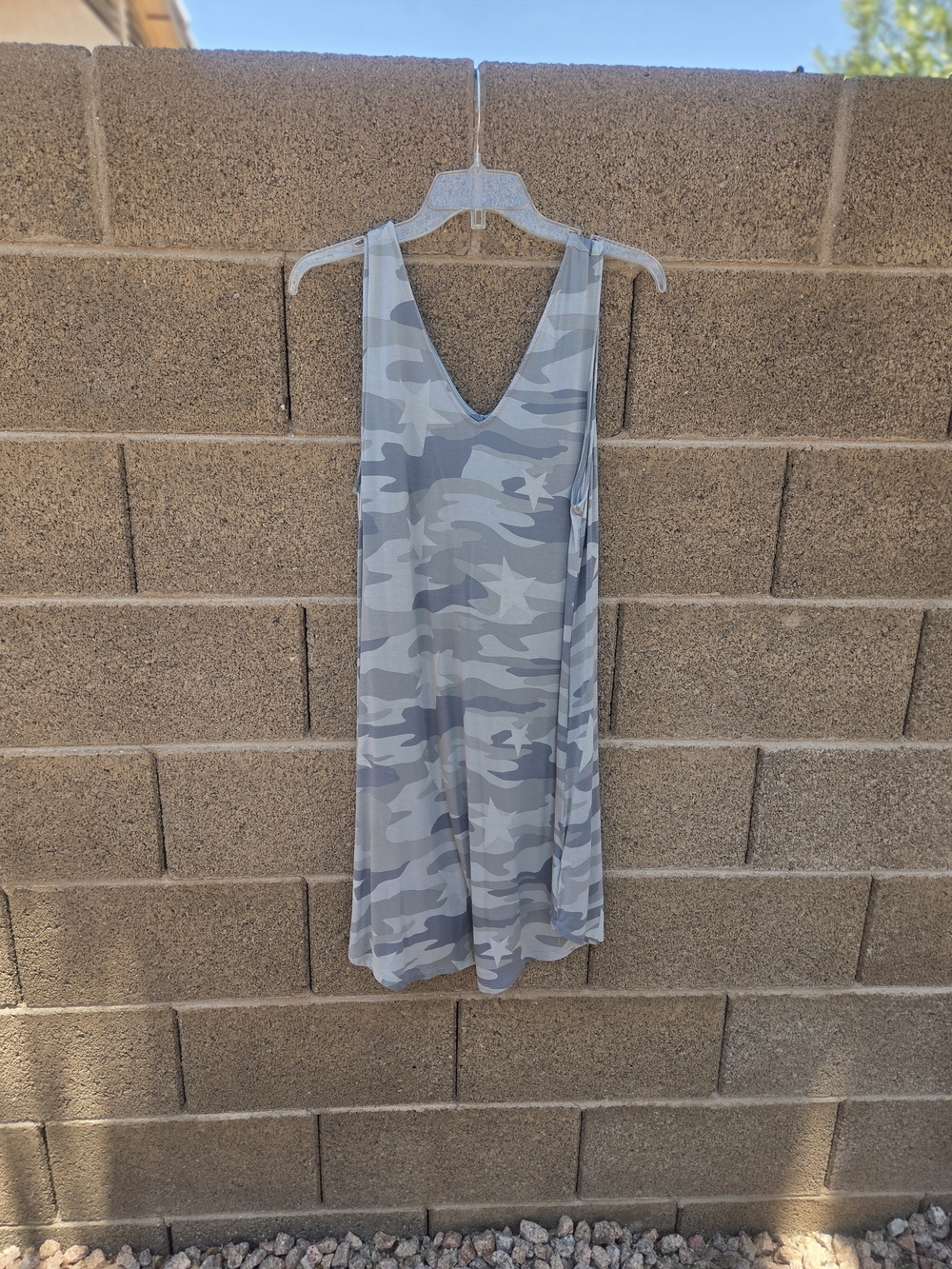 Sleeveless Gray Camo Midi Dress with V-Neck